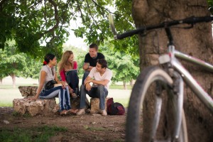 En gruppe unge mennesker hygger i parken - cykel parkeret op ad et træ